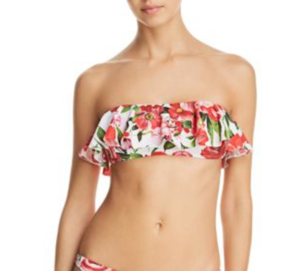 MILLY Women's Ruffle Bandeau White Red Floral Swim Top Large $135 NEW